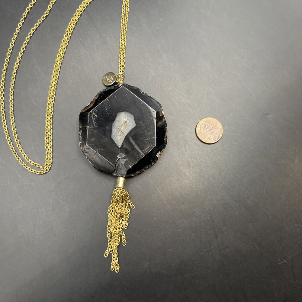 Bourbon And Bowties Boho Tassel Pendant Necklace Black Geode Gold Tone 30 In - Picture 3 of 6